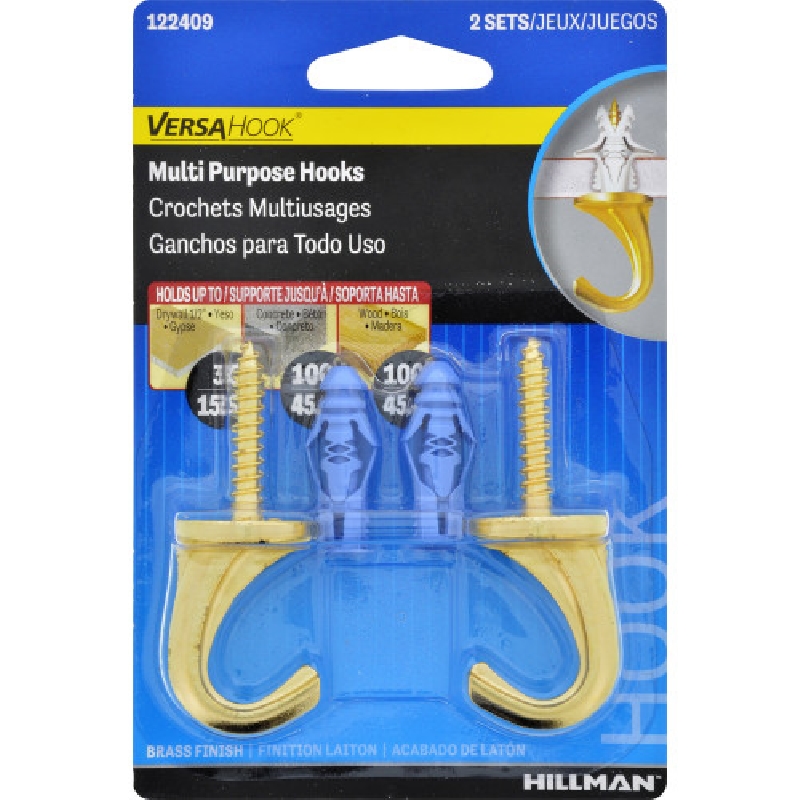 Hillman 122409 Versa Ceiling Hook, Brass, 75 lb Working Load
