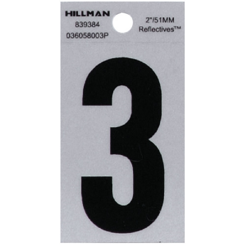 Adhesive House Number, Hillman, Reflective, Black & Silver, 3, 2 in, 1 pk - 1