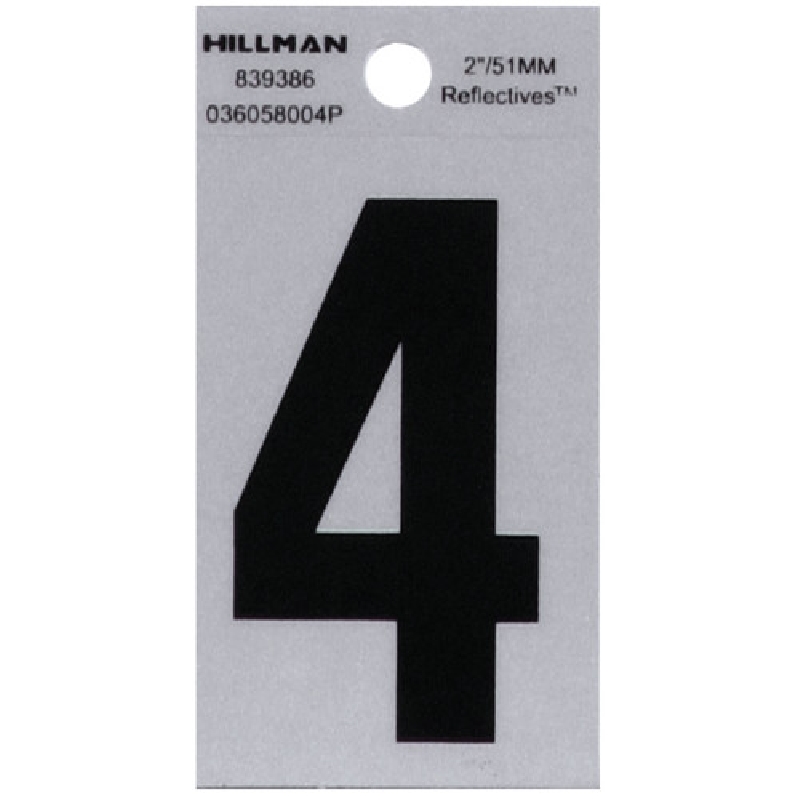 Adhesive House Number, Hillman, Reflective, Black & Silver, 4, 2 in, 1 pk - 1