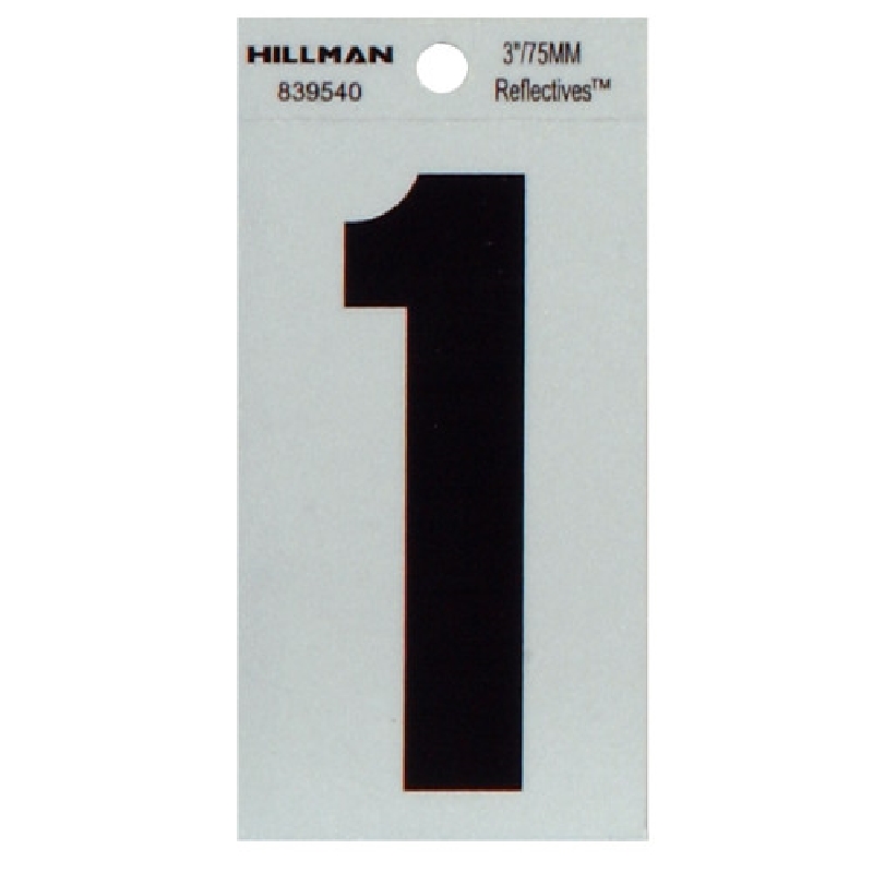 Hillman 839540 Number, Reflective Character, Character: 1, 3 in H Character, Black Character, Silver Background, 1 PK