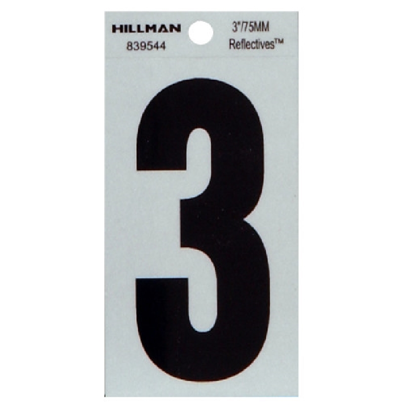 Hillman 839544 Number, Reflective Character, Character: 3, 3 in H Character, Black Character, Silver Background, Mylar