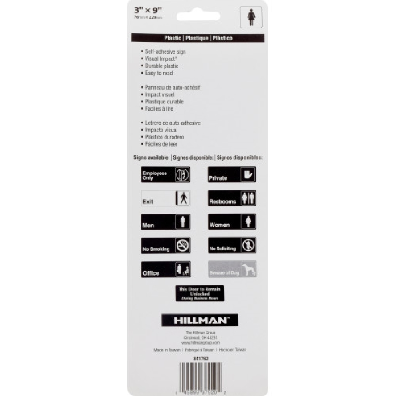 Hillman 841762 Sign, Women, Black Background, Plastic, 9 in W x 3 in H Dimensions