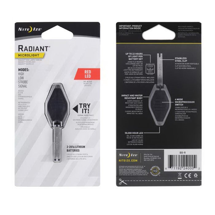 Nite Ize Radiant Series BB-R Microlight, 1.85 in L x 1 in W x 0.33 in H Dimensions, Black, 2016 Battery, LED Lamp