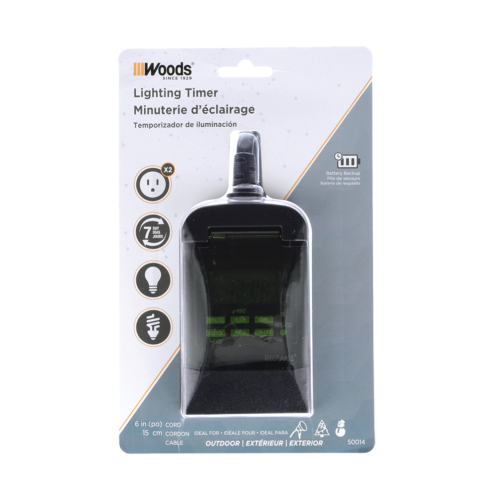 Woods 50014 Outdoor Timer, 15 A, 125 VAC, 1875 W, 2 -Outlet, 1 s to 23 min 59 s Time Setting, 20 hr/day Cycle