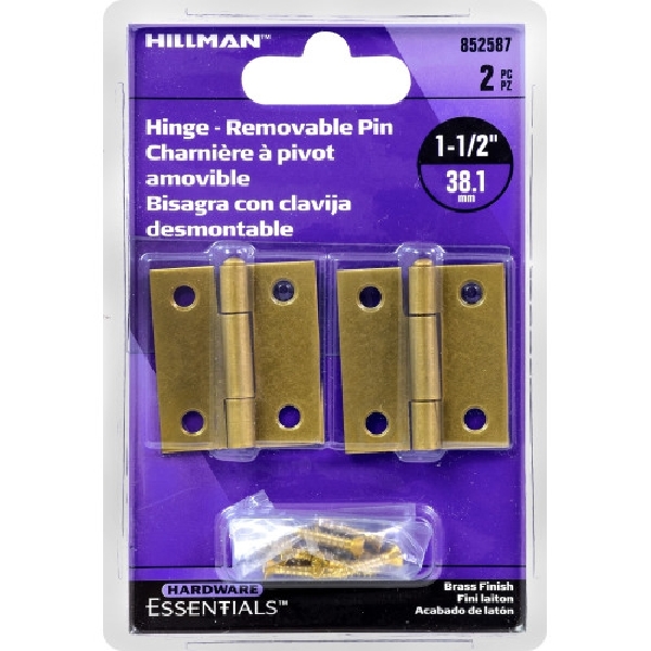 Hardware Essentials 852587 Door Hinge, Brass, Removable Pin, Screw Mounting, 20 lb - 2