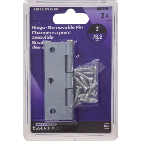 Hardware Essentials 852590 Door Hinge, Zinc-Plated, Removable Pin, Screw Mounting, 80 lb
