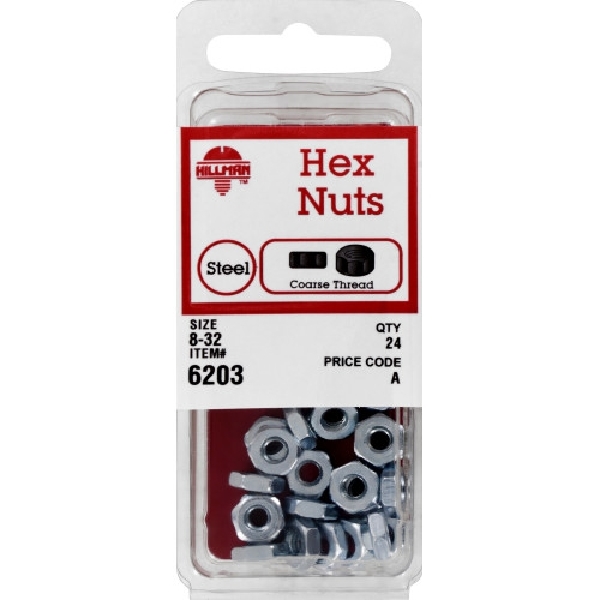 Hillman 6203 Hex Machine Screw Nut, #8-32 Thread, Steel, Zinc-Plated, 240/PK