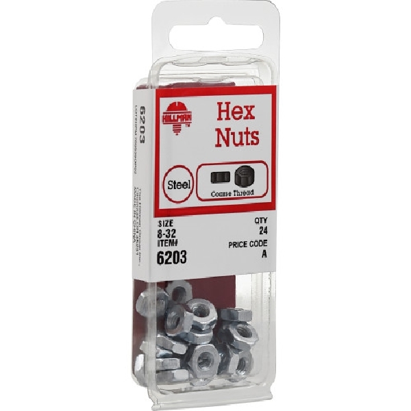 Hillman 6203 Hex Machine Screw Nut, #8-32 Thread, Steel, Zinc-Plated, 240/PK