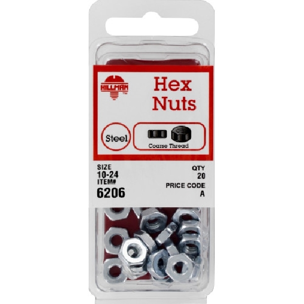Hillman 6206 Hex Machine Screw Nut, #10-24 Thread, Steel, Zinc-Plated