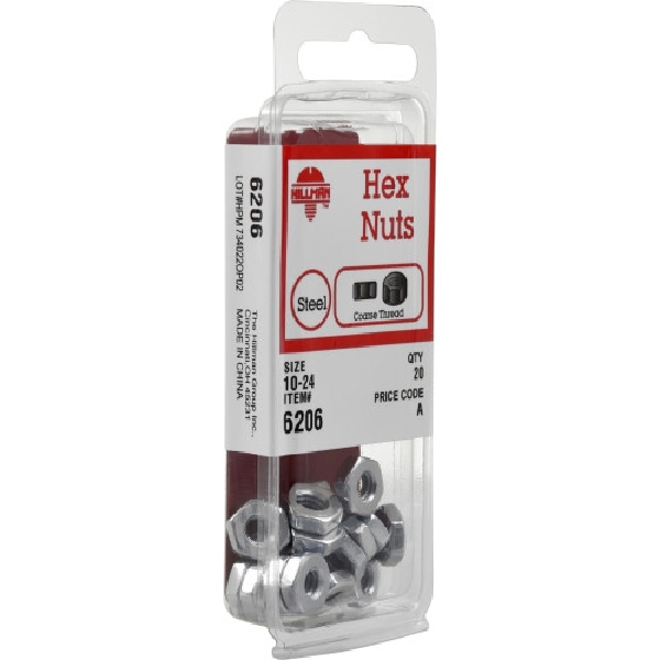 Hillman 6206 Hex Machine Screw Nut, #10-24 Thread, Steel, Zinc-Plated
