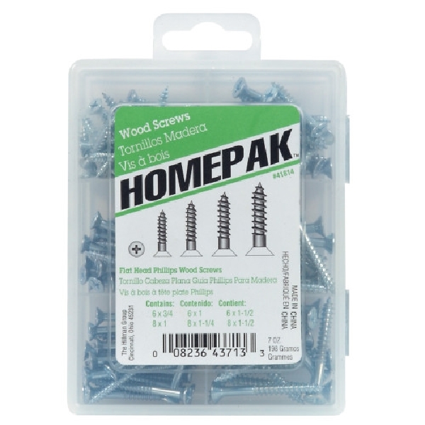 HOMEPAK Series 41814 Screw Assortment, Coarse Thread, Flat Head, Phillips Drive, Steel, Zinc-Plated
