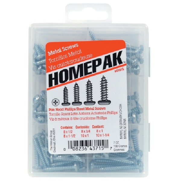 HOMEPAK Series 41815 Screw Assortment, Pan Head, Phillips Drive, Sharp Point, Steel, Zinc-Plated
