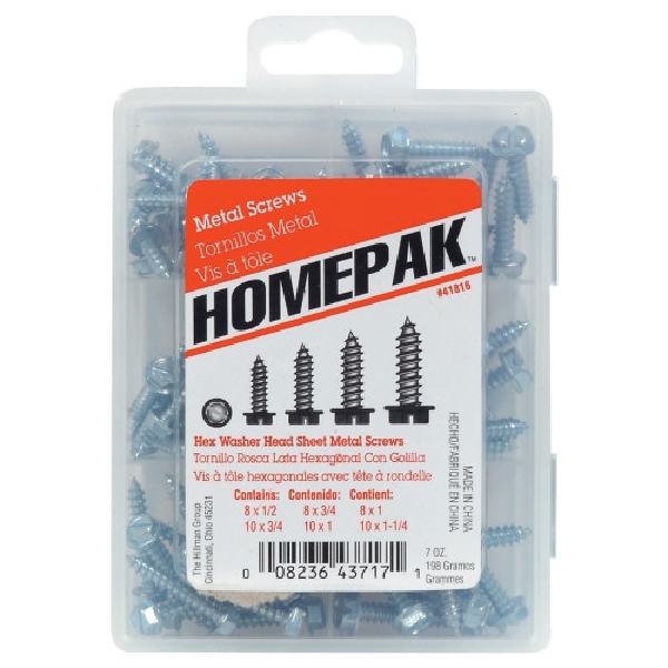 HOMEPAK Series 41816 Screw Assortment, Washer Head, Hex, Slotted Drive, Sharp Point, Steel, Zinc-Plated