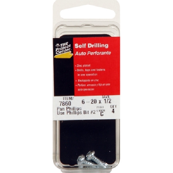Screw, Hillman, Zinc-Plated, Phillips-Drive, Pan-Head, Self-Drilling, #6 x 20 1/2 in, 4 PC - 3