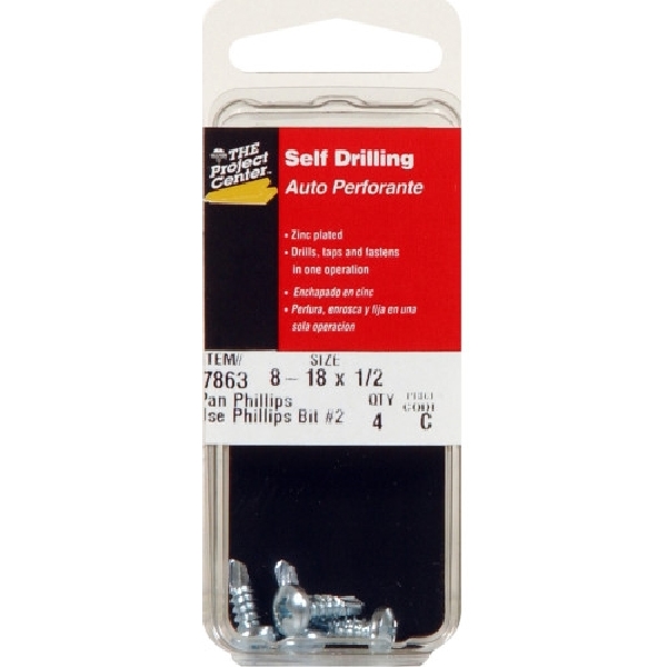 Screw, Hillman, Zinc-Plated, Phillips-Drive, Pan-Head, Self-Drilling, #8 x 18 1 in, 4 PC - 3