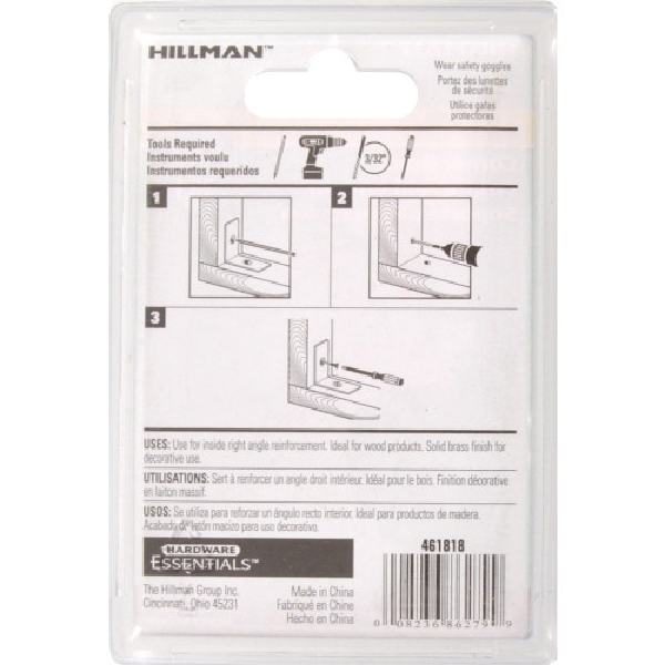 Hardware Essentials 851151 Flat Corner Brace, 1-1/2 in L, Solid Brass, Bright Brass