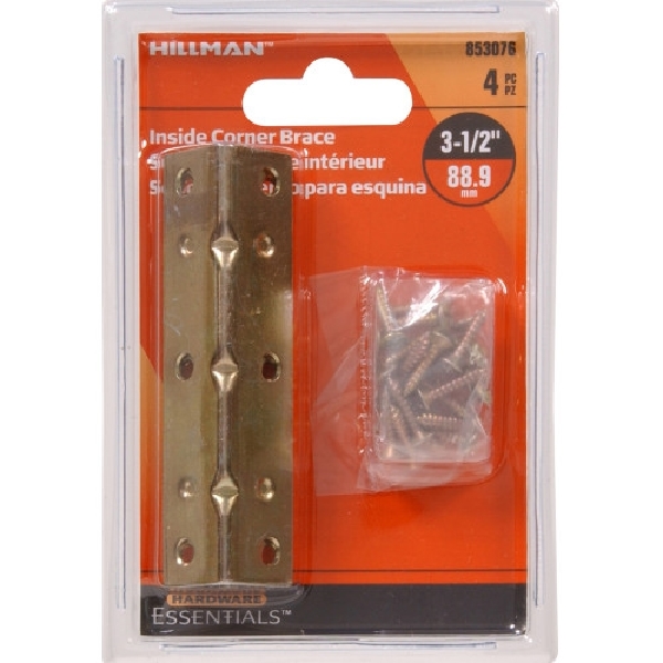 Hardware Essentials 853076 Inside Corner Brace, 3-1/2 in L, 3/4 in W, Steel, Yellow Dichromate/Zinc
