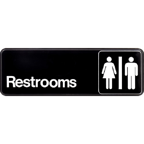 Hillman 841758 Graphic Sign, Restrooms, Black Background, Plastic, 9 in W x 3 in H Dimensions