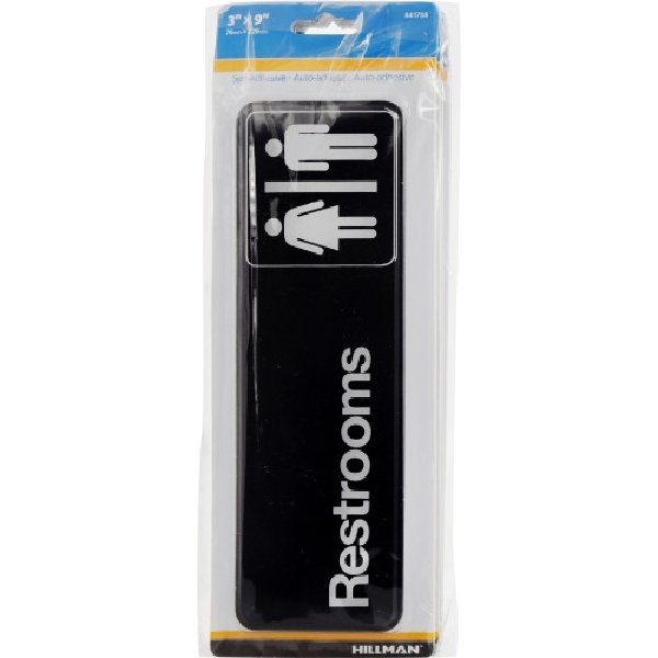 Hillman 841758 Graphic Sign, Restrooms, Black Background, Plastic, 9 in W x 3 in H Dimensions