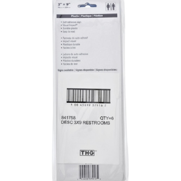 Hillman 841758 Graphic Sign, Restrooms, Black Background, Plastic, 9 in W x 3 in H Dimensions