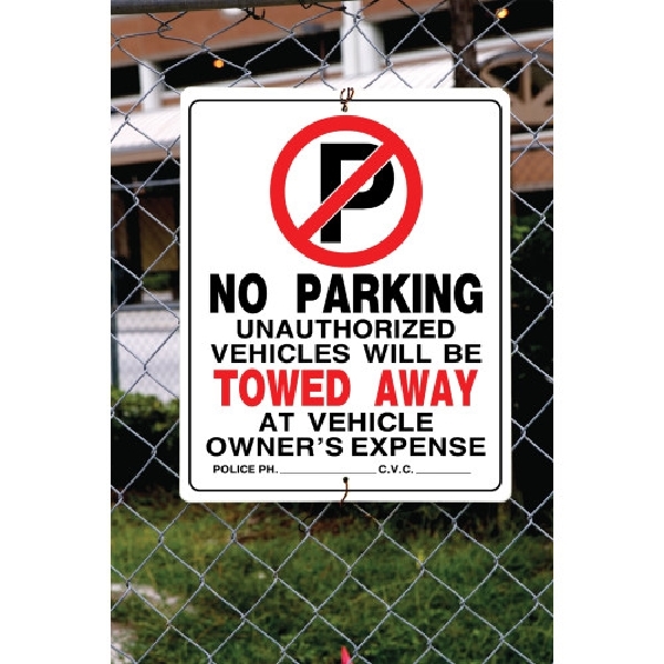 Hillman 842196 Sign, NO PARKING VEHICLES WILL BE TOWED, Black/Red Legend, White Background, Plastic