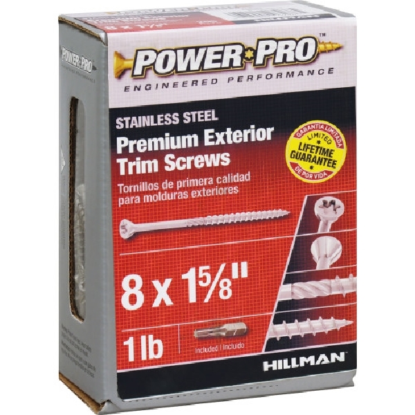 Power Pro 48639 Screw, #8 Thread, 1-5/8 in L, Star Drive, Stainless Steel, Stainless Steel, 205 PK