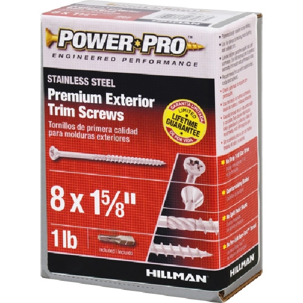 Power Pro 48639 Screw, #8 Thread, 1-5/8 in L, Star Drive, Stainless Steel, Stainless Steel, 205 PK