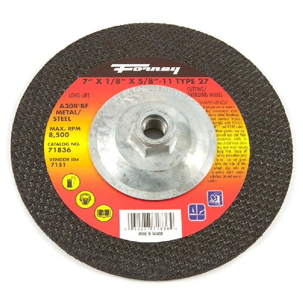 Forney 71836 Grinding Wheel, Applicable Materials: Ferrous Material, 4-1/2 in Dia, 1/8 in Thick