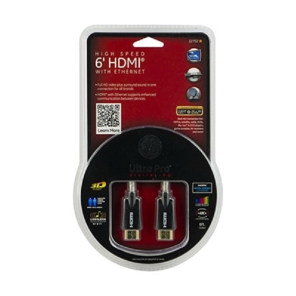 GE Ultra Pro 22702 HDMI Cable, Male, Male, 6 ft Wire, Black Sheath, 6 ft L