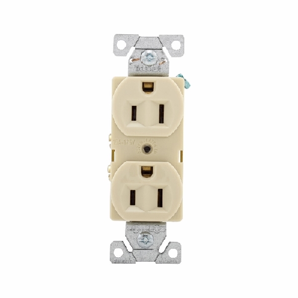 Eaton Wiring Devices BR15V Duplex Receptacle, Nylon/PVC, Ivory, 2-Pole, 15 A, 125 V, Back, Side Wiring, NEMA: 5-15R