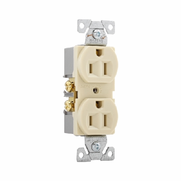 Eaton Wiring Devices BR15V Duplex Receptacle, Nylon/PVC, Ivory, 2-Pole, 15 A, 125 V, Back, Side Wiring, NEMA: 5-15R