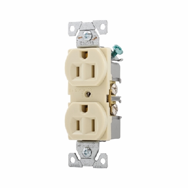 Eaton Wiring Devices BR15V Duplex Receptacle, Nylon/PVC, Ivory, 2-Pole, 15 A, 125 V, Back, Side Wiring, NEMA: 5-15R