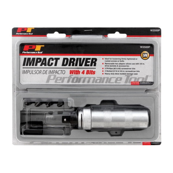 Performance Tool W2500P Impact Driver Bit Set, Includes: #2, #3 Phillips Size, 5/16, 3/8 in Flat Size - 2
