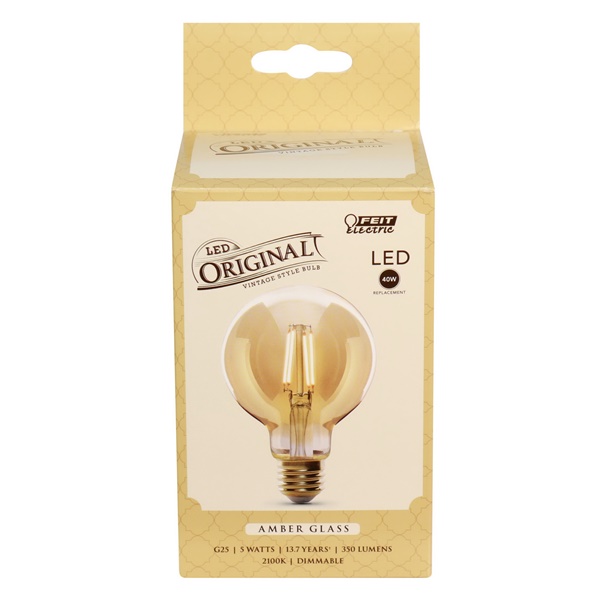 Feit Electric G25/VG/LED Filament LED Bulb, Decorative, Globe, G25 Lamp, 60 W Equivalent, E26 Lamp Base, Dimmable, Amber
