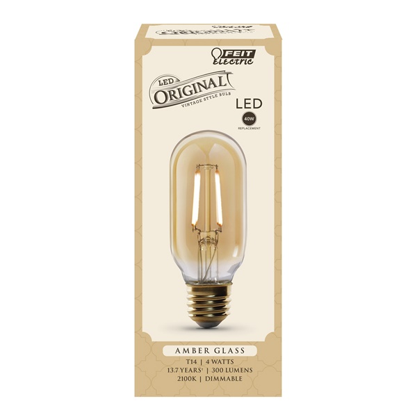 Feit Electric T14/VG/LED LED Bulb, Decorative, T14 Lamp, 40 W Equivalent, E26 Lamp Base, Dimmable, Amber