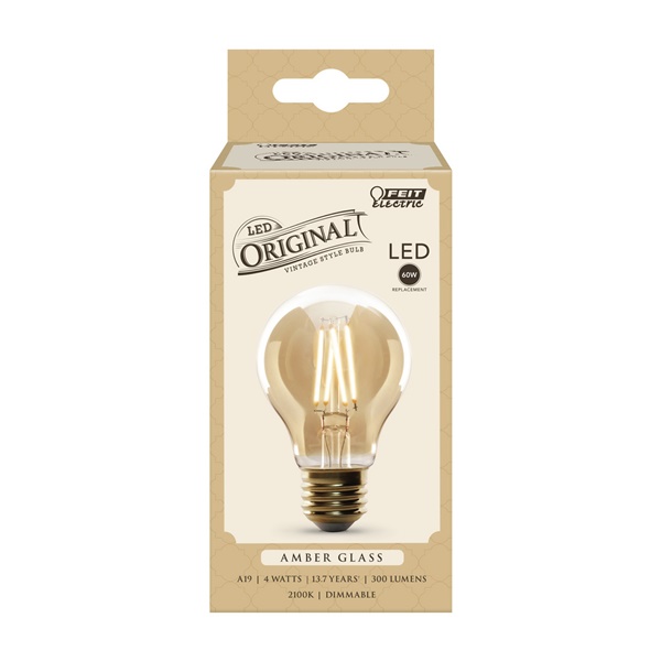Feit Electric AT19/VG/LED LED Bulb, Decorative, A19 Lamp, 25 W Equivalent, E26 Lamp Base, Dimmable, Amber