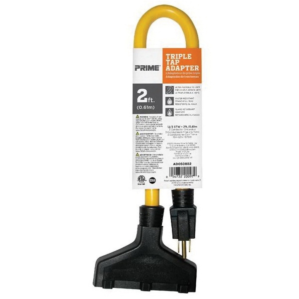 Prime AD050802 Triple Tap Adapter, 12/3 AWG Cable, 2 ft L, Grounded Plug, 15 A, 125 V, Yellow - 2