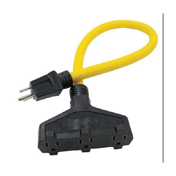 Prime AD050802 Triple Tap Adapter, 12/3 AWG Cable, 2 ft L, Grounded Plug, 15 A, 125 V, Yellow - 3