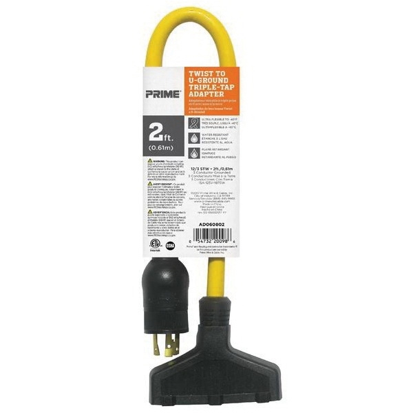 Prime AD060802 Triple Tap Adapter, 12/3 AWG Cable, 2 ft L, Twist-to-Lock to U-Ground Plug, 15 A, 125 V, Yellow - 2