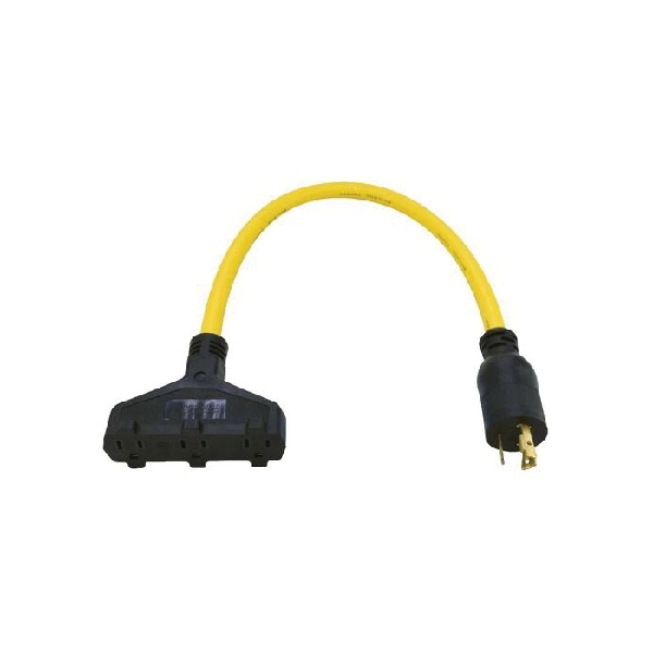 Prime AD060802 Triple Tap Adapter, 12/3 AWG Cable, 2 ft L, Twist-to-Lock to U-Ground Plug, 15 A, 125 V, Yellow - 3