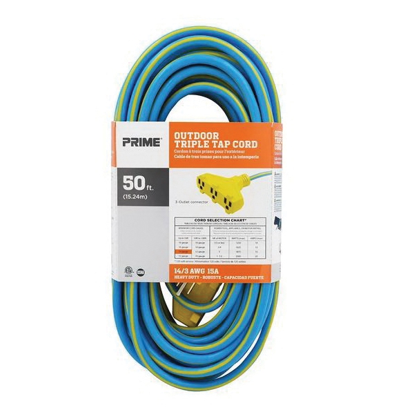 Prime KC606730 Triple Tap Outdoor Extension Cord, 14/3 AWG Cable, 50 ft L, Grounded Plug, 15 A, 125 V, Blue/Yellow - 2