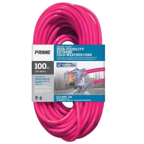 Prime Neon Flex NS513835 Outdoor Extension Cord with Lighted Connector, 12/3 AWG Cable, 100 ft L, 15 A, 125 V