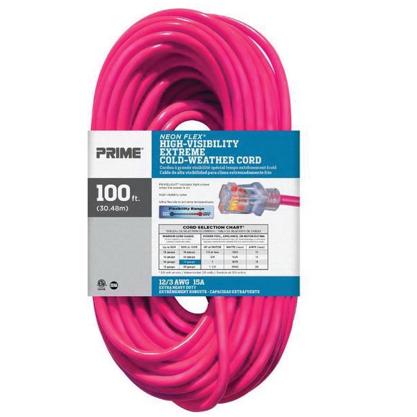 Prime Neon Flex NS513835 Outdoor Extension Cord with Lighted Connector, 12/3 AWG Cable, 100 ft L, 15 A, 125 V