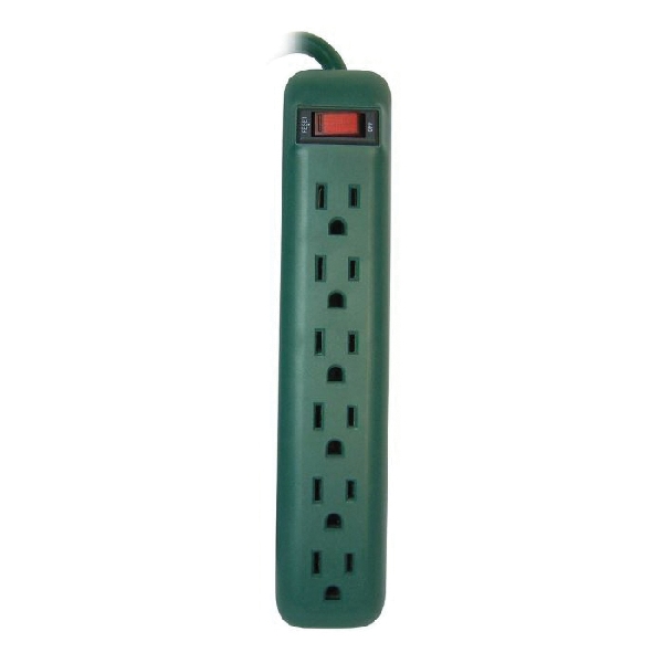 Prime PB801518 Power Strip, 14/3 AWG Cable, 1-1/2 ft L Cable, Grounded Plug, 6 -Socket, 15 A, 125 V, Green - 2