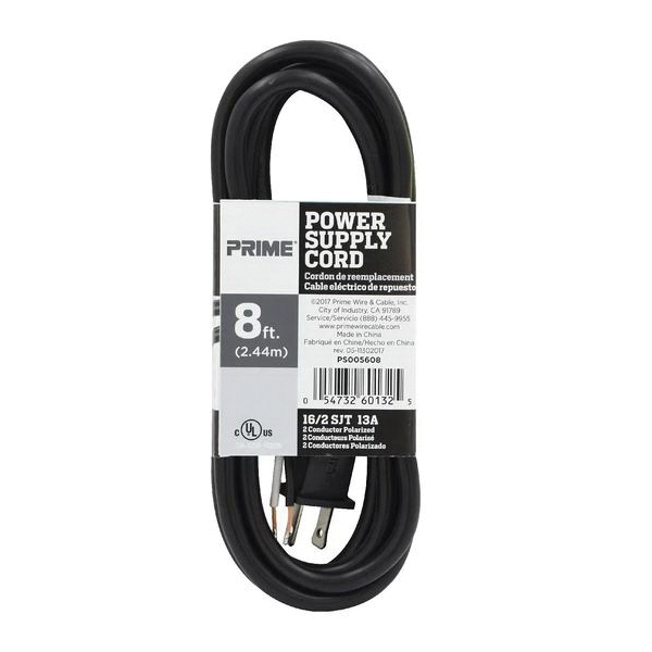 Power Supply Cord, Prime, 16/2 AWG Cable, 8 ft L, 13 A, 125 V, Black - 2