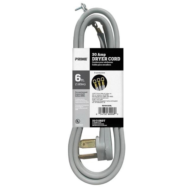 Prime RD100306L Dryer Cord, 10/3 AWG Cable, Ring, Ring, 6 ft L, 30 A, 125/250 V, Gray - 2