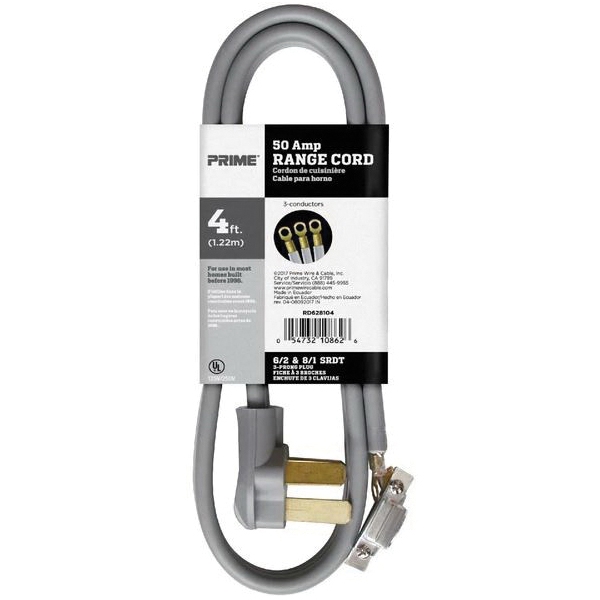 Prime RD628104 Range Cord, 6/2, 8/1 AWG Cable, Ring, Ring, 4 ft L, 50 A, 125/250 V, Gray - 2
