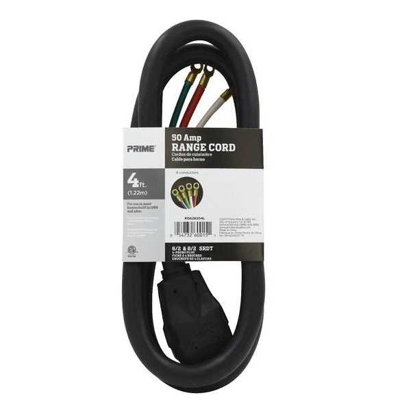 Prime RD628204L Range Cord, 6/2, 8/2 AWG Cable, Ring, Ring, 4 ft L, 50 A, 125/250 V, Black - 2