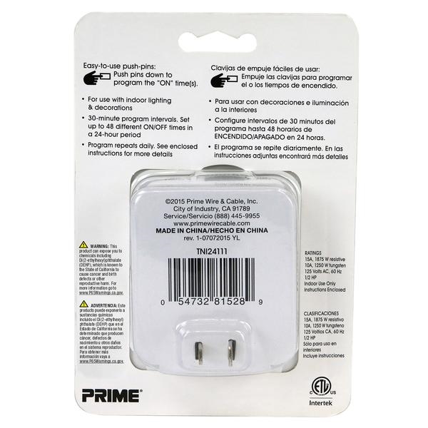 Prime TNI24111 Timer, 15 A, 125 V, 1875 W, 1 -Outlet, 30 min Time Setting, 48 On/Off Cycles Per Day Cycle, White - 2