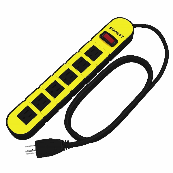 STANLEY SHOPMAX 31605 Outlet Power Strip, 3 ft L Cable, 3-Prong, Grounded Plug, 6-Socket, 15 A, 125 V, Black/Yellow - 1